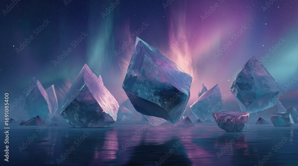Poster surreal crystal shards floating in glowing aurora.
