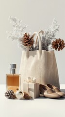 Elegant holiday gift set with perfume, shoes, and stylish bag, perfect for luxury branding