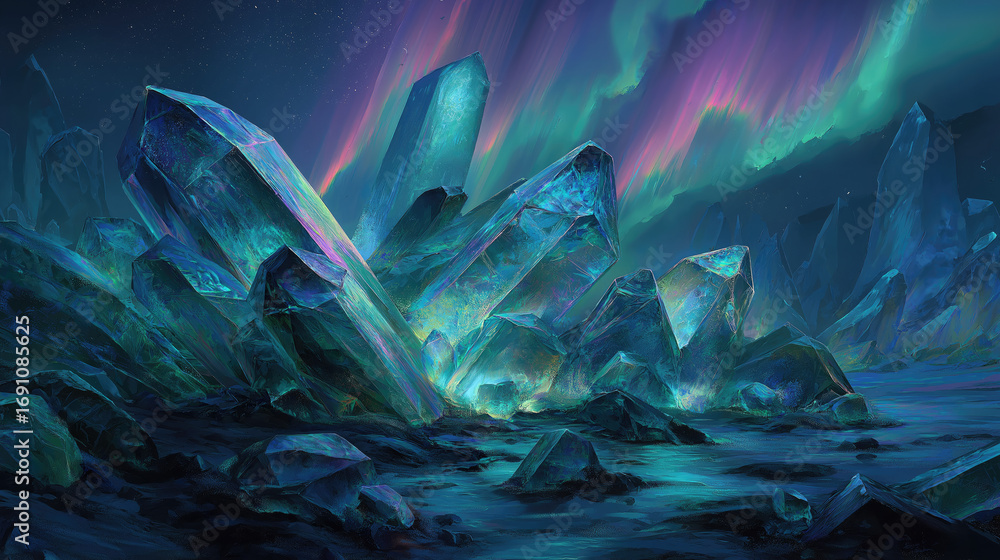 Poster surreal crystal shards floating in glowing aurora.