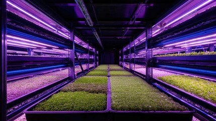 Indoor vertical farm with rows of plants growing under vibrant purple and blue led lights