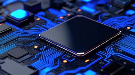 A black computer chip with a silver border sits on a circuit board.