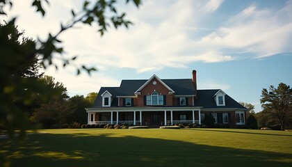 Drone view of a charming American countryside home surrounded by greenery. The bright summer sky and landscaped yard highlight the beauty of this residential real estate property.