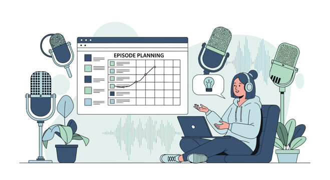 Podcast episode planning and creation process with woman host using laptop illustration