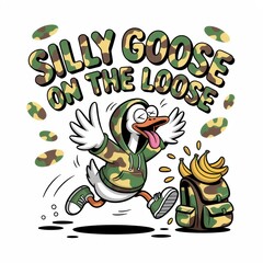 A playful cartoon goose in camouflage gear joyfully runs with a backpack, surrounded by bananas and a lively, humorous vibe.