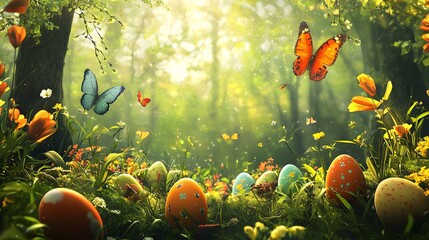 Vibrant Easter eggs nestled in a sunlit spring forest, surrounded by blooming wildflowers and graceful butterflies, evoking joy and natural beauty