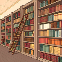 Obraz premium Tall library shelves filled with colorful books and a wooden ladder bookshelf illustration