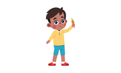 Happy cartoon boy holding a fresh carrot, a fun concept of healthy eating and nutrition for children. Vector illustration isolated on white