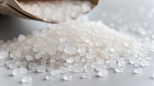 Water softener salt crystal granule pile and heap spill from paper bag onto counter, white mineral clean utility refill sparkle pure texture
