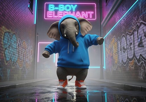 Gajah keren dengan hoodie dan sepatu kets bergaya berpose dengan percaya diri di jalan perkotaan dengan seni grafiti