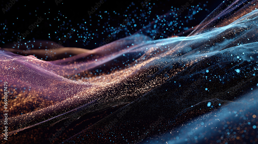 Poster vast glowing particle fields in motion, futuristic starfield abstract.
