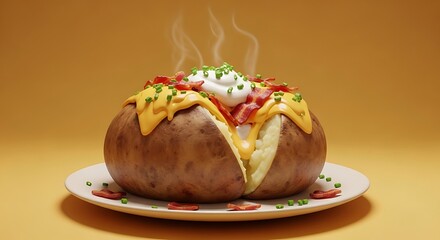 Loaded baked potato with toppings on a white plate