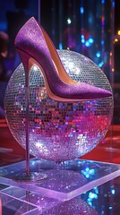 Glamorous high-heeled purple shoe atop a shimmering disco ball, perfect for elegance