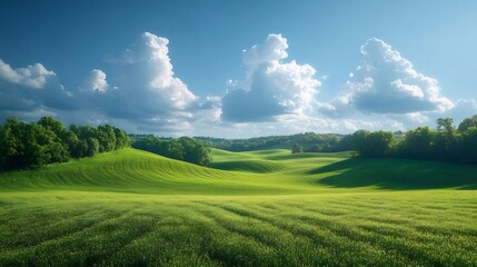 晴れた日の緑豊かな丘陵地帯 青い空と白い雲が背景