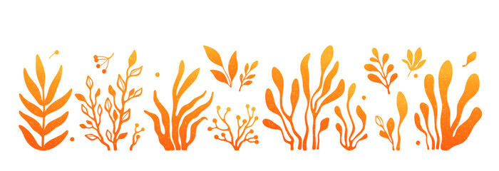 Autumn leaves and plants, orange abstract organic shapes. Modern art of fall foliage. Hand drawn autumn tree leaves, branches, bushes and berries. Abstract plants silhouettes, vector illustration