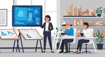 Architectural presentation of building design with a team of architects collaborating
