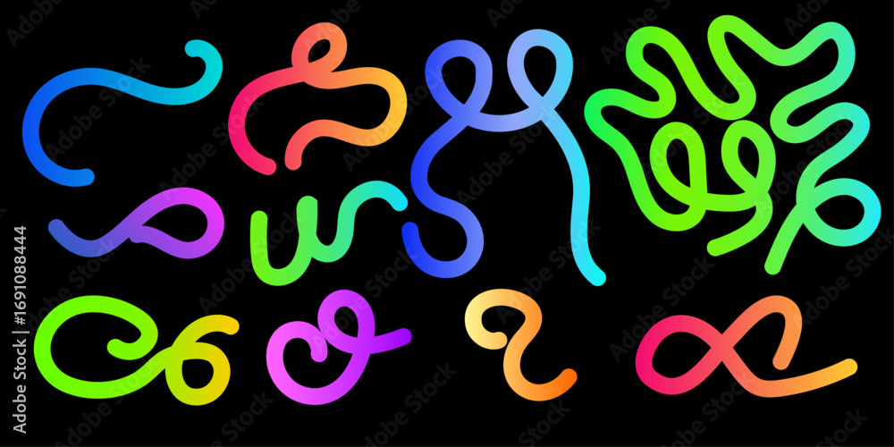 Poster abstract color lines. gradient shape 3d waves pattern on black background. vector rainbow ribbon.