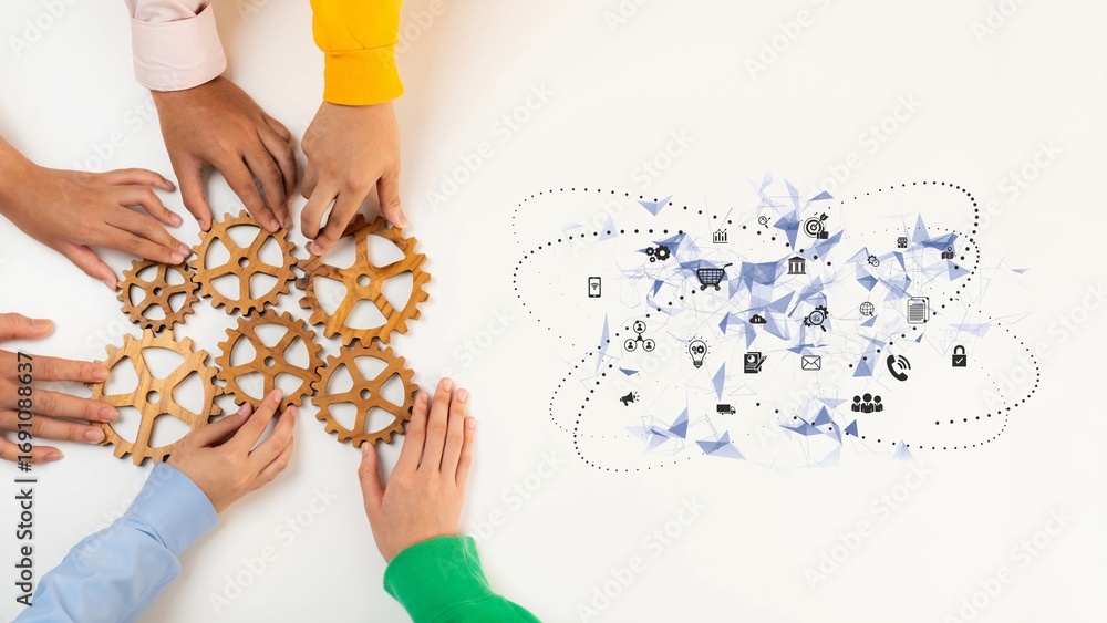 Poster a dynamic composition showcasing hands engaged in teamwork with wooden gears, symbolizing collaborat