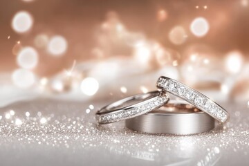 Exquisite Close-Up of Three Elegant Silver Rings with Sparkling Stones on a Glittering Surface Against a Soft Beige and Gold Bokeh Background, Perfect for Jewelry Advertising