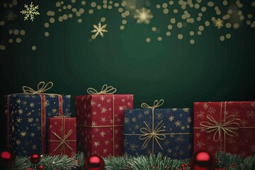 Festive Christmas Presents Wrapped in Vibrant Red and Blue Paper, Accentuated with Golden Ribbons, Set Against a Dark Green Textured Background with Blurred Bokeh Lights and Snowflakes