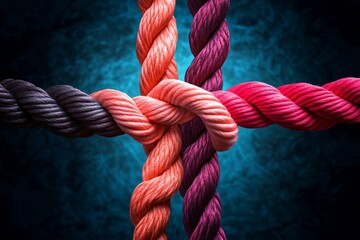 Intertwined Ropes in a Cross-Knot Formation Against a Subtle Teal Gradient Background Creating Depth and Unity - A Symbol of Strength, Connection and Teamwork in Dramatic Lighting