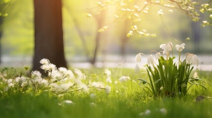 Fototapeta premium White Snowflake Flowers Blooming in Green Grass Field with Sun Shining Through Trees in Spring