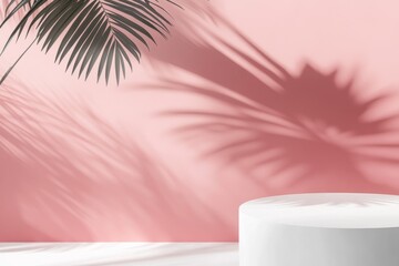 Minimalist White Cylindrical Platform on Smooth Pale Pink Backdrop with Dark Tropical Palm Leaf Shadow, Perfect for Product Photography, Beauty Advertising and Modern Design Use
