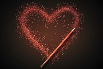 Romantic Heart Shape Made of Sparkly Elements with a Diagonal Pencil on a Smooth Dark Surface - Perfect for Valentine's Day, Artistic Inspiration, Creative Projects and Love-Themed