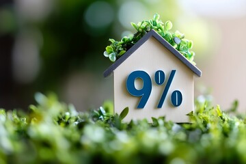 Wooden house model displaying 9% interest rate, real estate investment concept with greenery