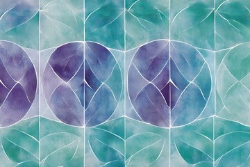 Symmetrical Geometric Pattern of Overlapping Circles and Leaf Shapes in Tranquil Blues and Purples, Seamlessly Tiling for Modern Wallpaper or Textile Design, Exuding Elegance