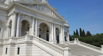 Ornate White Building With Grand Staircase Under Blue Sky