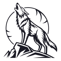 Howling Wolf on Cliff with Moon - Vector Illustration.