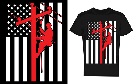 Silhouette of a lineman holding a flag representing american pride and the electrical industry perfect for patriotic apparel and designs