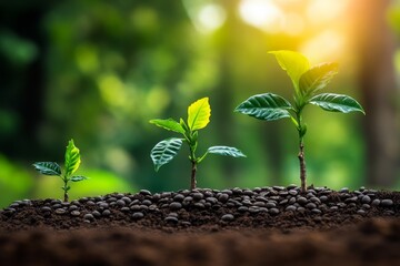 Vibrant Growth Journey of Young Plants Showcased with Rich Soil and Coffee Beans, Expressing Sustainability and Nature's Beauty Against a Soft Green and Yellow Gradient Background