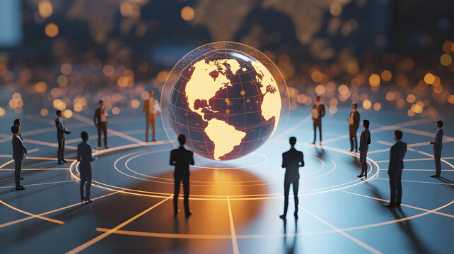 Global Synergy: A group of professionals gathers, their silhouettes framing a luminous globe, symbolizing interconnectedness and global collaboration in a visionary concept.