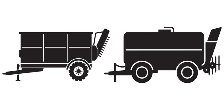 Manure spreader trailer agricultural machine silhouette icon vector illustration set