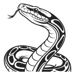 Stylized black and white illustration of a coiled snake with its head raised