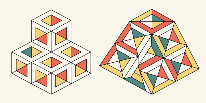 Isometric cube structure and pyramid with triangle patterns in yellow red and teal colors design