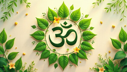 Nature-inspired illustration featuring the Om (ॐ) symbol in the center of a mandala made from green leaves, vines, and floral motifs.