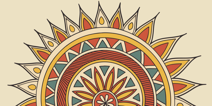 Detailed half mandala with floral and geometric elements in warm and cool colors on a light background