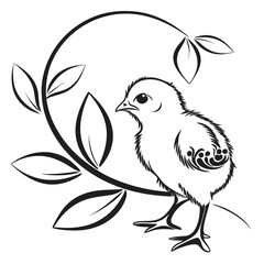 Naklejka premium Stylized chick with decorative leaves and vine