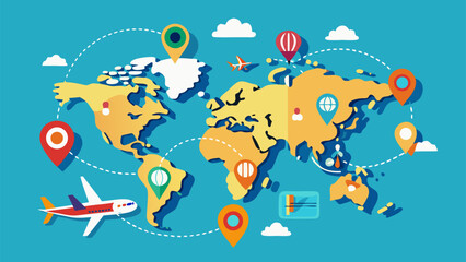 Colorful world map with airplanes, location pins, travel routes and diverse international travelers connecting global destinations