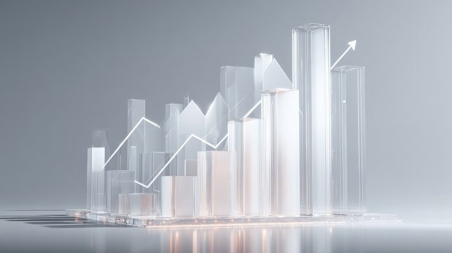 A transparent glass bar graph with a rising arrow and line graph overlay, representing positive financial trends and growth