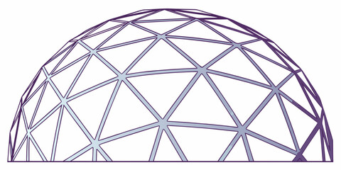 A geodesic dome structure with triangular panels forming a semi spherical shape on a white background