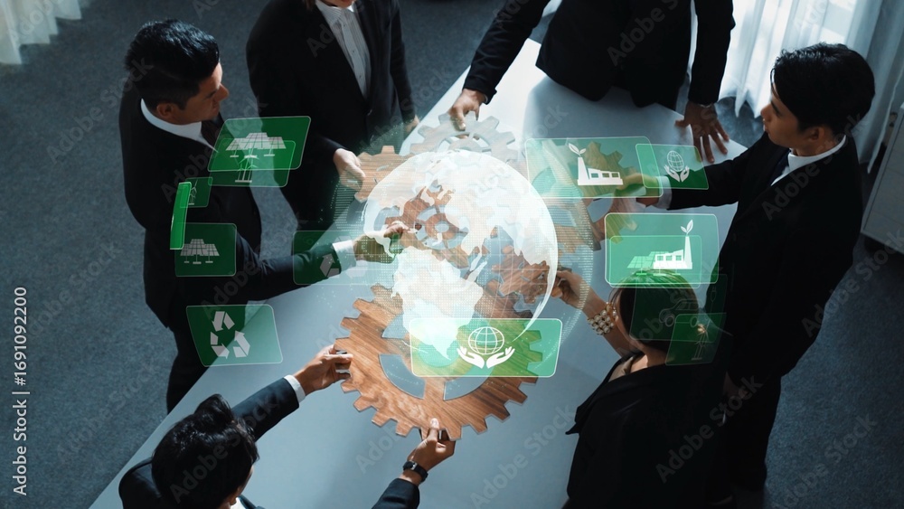 Poster a business team collaborates in a modern office, leveraging technology to discuss sustainable practi