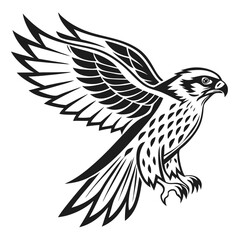 Stylized black and white falcon in flight with spread wings and sharp talons
