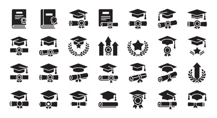 Graduation and academic achievement icons, diploma, cap, certificate, award, success, education, scholarship, learning, honors, celebration