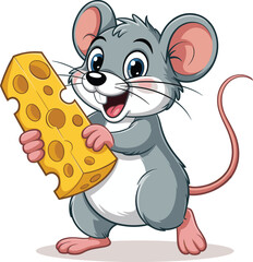 Cute cartoon mouse holding cheese, happy rodent character illustration, funny animal mascot, kids design, dairy food concept, smiling mouse