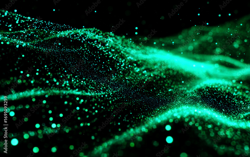 Poster green glowing particles creating abstract wavy patterns