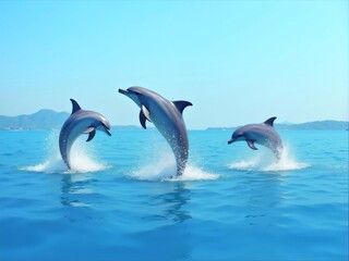 Obraz premium Three Dolphins Leap from Turquoise Ocean against Coastal Skyline on Bright Sunny Day