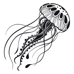 Stylized black and white illustration of a jellyfish with flowing tentacles
